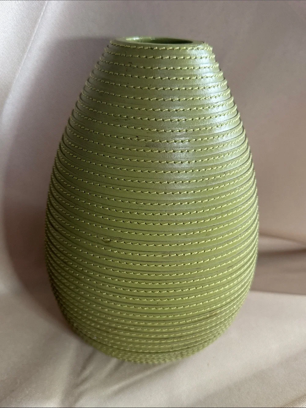 Vintage Crate & Barrel Green Leather Wrapped Teardrop Vase Ribbed MCM Accent